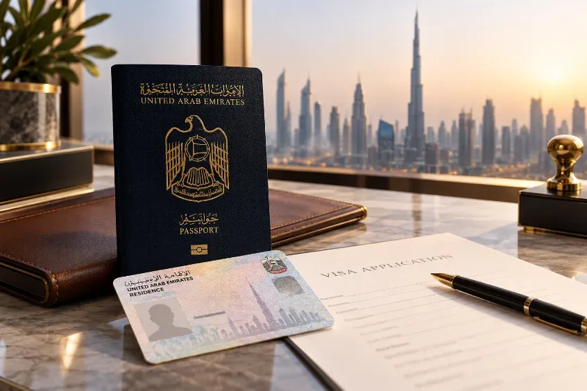 UAE passport, Emirates ID and visa application on a desk